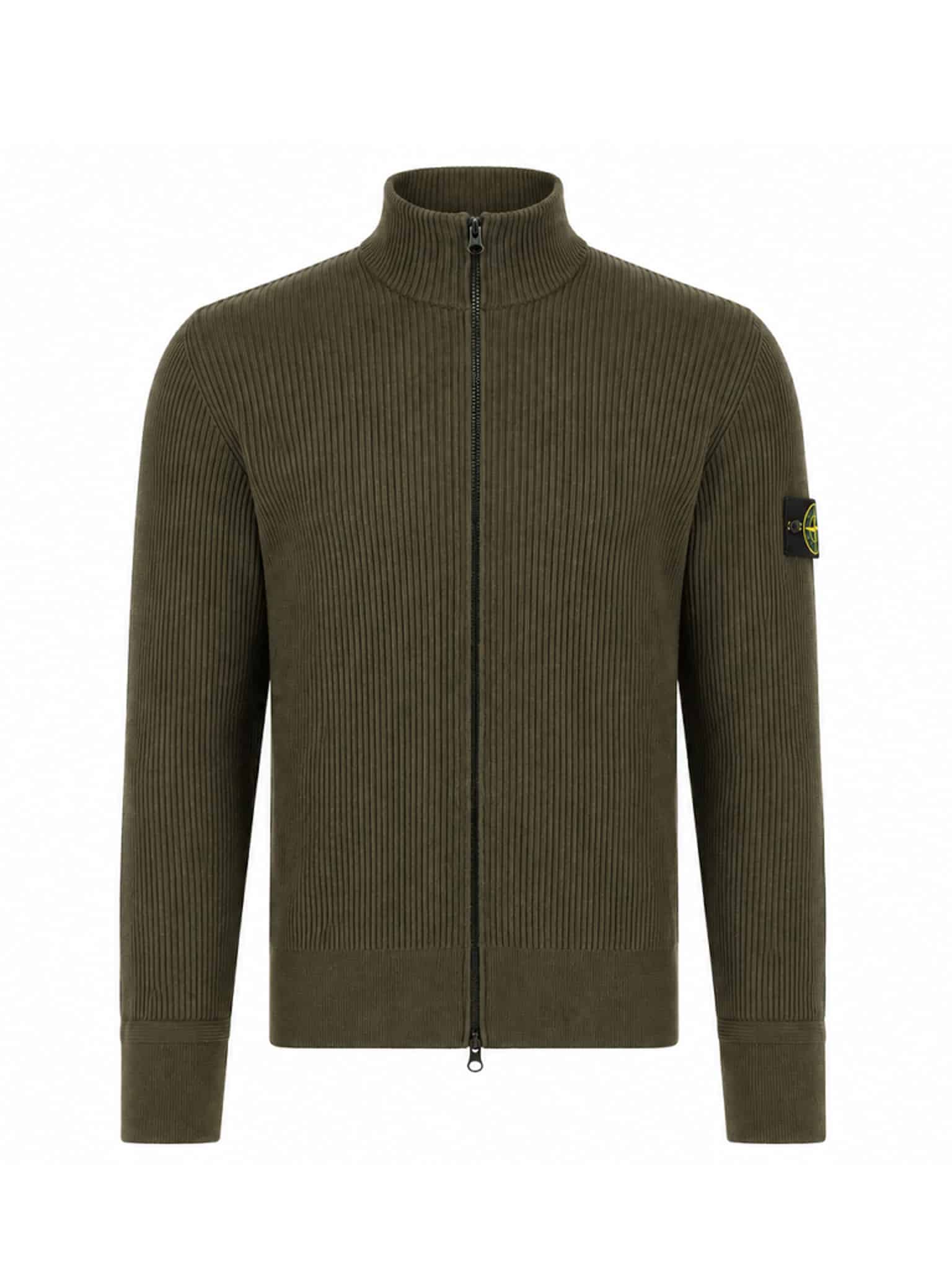 STONE ISLAND - GERIPPTE STRICKJACKE MIT REISSVERSCHLUSS DUNKELGRÜN / BRAUN (43398) STONE ISLAND - GERIPPTE STRICKJACKE MIT REISSVERSCHLUSS DUNKELGRÜN / BRAUN (43398)